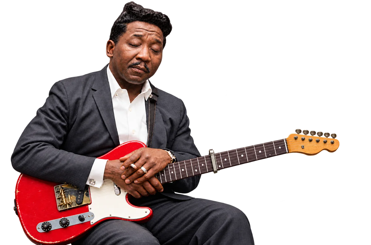 Muddy Waters seated with his red electric guitar